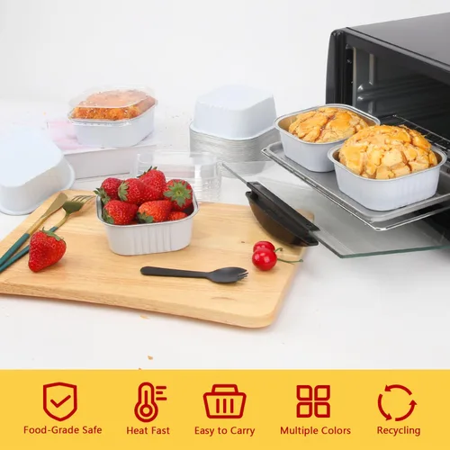 Miniatura 2 de LNYZQUS Ramequines desechables de 10 onzas con tapas, paquete de 40 moldes de aluminio para magdalenas, cuadrado de 4 x 4 pulgadas, mini molde