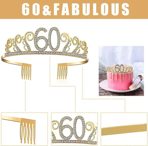 Miniatura 3 de Regalos de cumpleaños número 60 para mujeres, tiara, banda, adorno para pastel, vela y vasos para decoración de fiesta de cumpleaños 60, 5