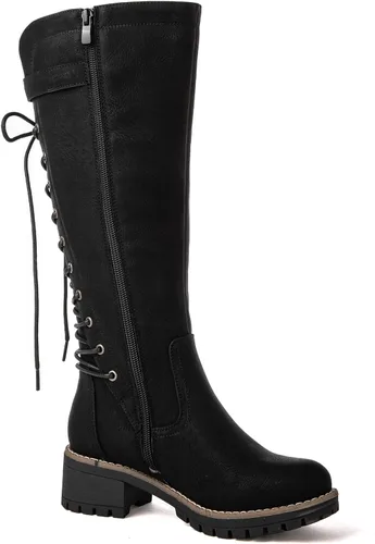 Miniatura 3 de GLOBALWIN - Botas de combate de equitación altas con cordones para mujer, cómodas botas góticas de motocicleta para mujer con cremallera y tacón