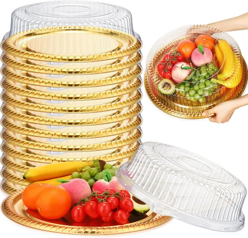 Miniatura 10 de Nitial 12 Piezas Bandejas de Servicio Resistentes con Tapa Transparente, Bandejas Redondas Elegantes Doradas para Catering Desechables Platos