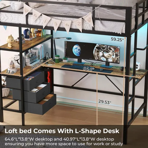 Miniatura 5 de DICTAC Cama alta individual con escritorio en forma de L, luces LED, estación de carga LED de metal para niños, cama tipo loft tamaño individual