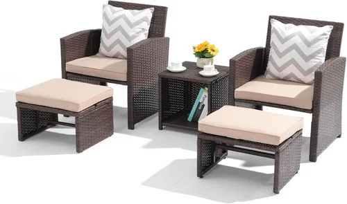 Miniatura 10 de OC Orange-Casual Juego de muebles de patio de 5 piezas, silla de mimbre para conversación al aire libre y juego otomano con mesa auxiliar, almohadas