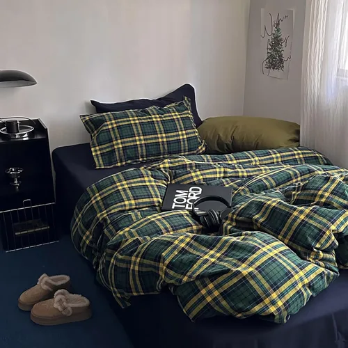 Miniatura 5 de MKXI Juego de funda de edredón a cuadros de tamaño individual, color verde bosque y amarillo mostaza, ropa de cama de 3 piezas de algodón lavado