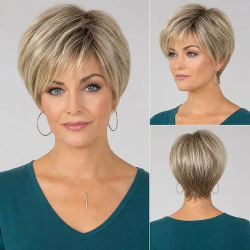 Miniatura 10 de HAIRCUBE Pelucas rubias de corte Pixie para mujer, estilo ondulado natural, peluca de encaje sintético resistente al calor con parte superior