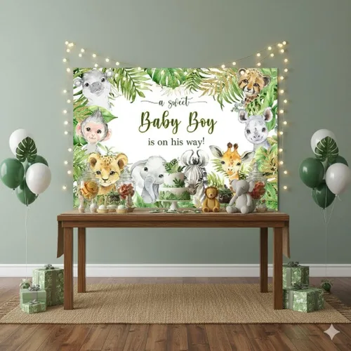 Miniatura 5 de Telón de fondo de 7 x 5 pies con diseño de animales de safari de la selva para baby shower, baby shower, para bebé, niño está en camino, es un niño