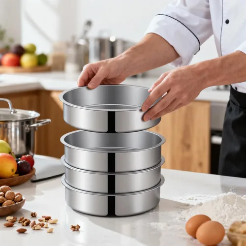 Miniatura 7 de Ohtomber - Bandeja para tarta de 20 cm - Juego de 4 bandejas redondas de acero inoxidable para tartas de capa, moldes, juego de horneado apilable