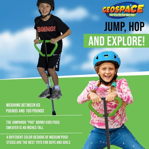 Miniatura 3 de Geospace Jumparoo Boing! Palo Pogo mediano 'PRO' para niños, soporta 60 a 100 libras, juguete al aire libre para niños y niñas, juego activo