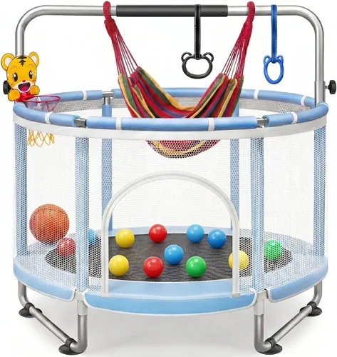 Miniatura 8 de Seray - Cama elástica de 55-65 pulgadas para niños con red de seguridad y mini pelotas, pequeño trampolín para niños pequeños para recreación