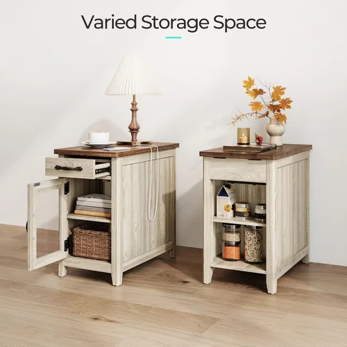 Miniatura 7 de LINSY HOME Juego de 2 mesas auxiliares con estación de carga, mesa auxiliar moderna de estilo granja para sofá, mesa de noche de madera para sala