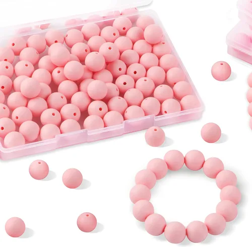 Sunrony 70 cuentas de silicona para hacer collares, cuentas redondas de silicona a granel de 0.59 pulgadas para bolígrafos (rosa caramelo)