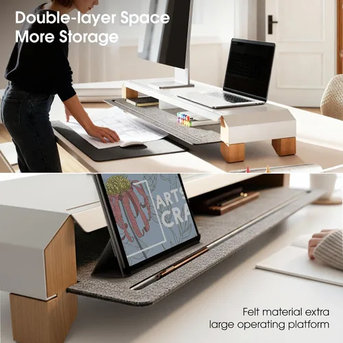 Miniatura 3 de Fenge Soporte de monitor para escritorio, elevador de monitor doble de 39 pulgadas para 2 monitores, estante de escritorio de madera maciza