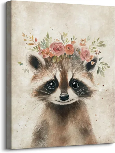 Bonito mapache impreso para pared, póster retro de retrato de animales, divertido mapache con corona, pintura de granja, bosque, animales para