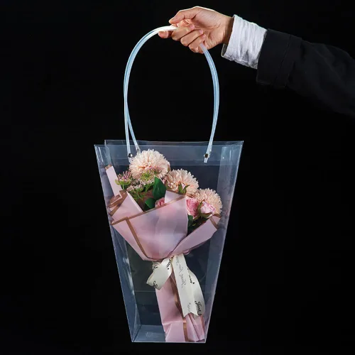 Miniatura 6 de SOUJOY Paquete de 10 bolsas transparentes para ramo de flores, bolsas de regalo extra grandes con asas largas, 13 pulgadas de largo x 8.2 pulgadas