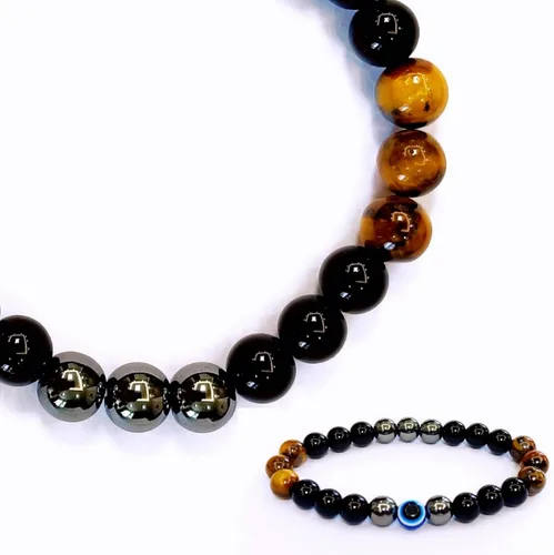 Miniatura 85 de Pulseras de triple protección con piedra de ojo de tigre de obsidiana negra con hematita para hombres y mujeres, pulsera de piedra curativa