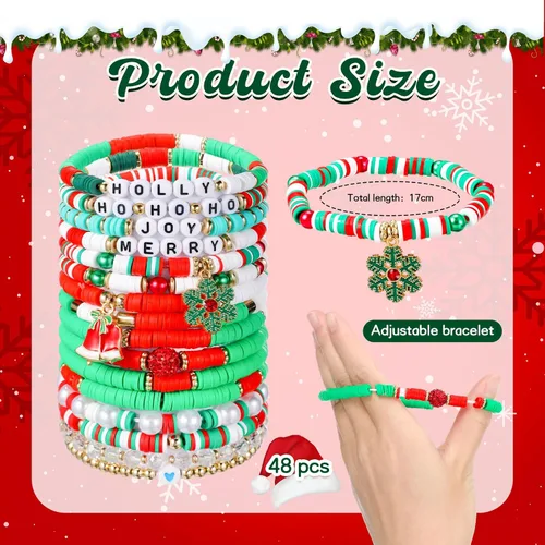 Miniatura 2 de Juego de 48 pulseras de Navidad apilables Heishi Surfer pulseras de Navidad con cuentas, pulseras de Navidad a granel para mujer, pulsera elástica