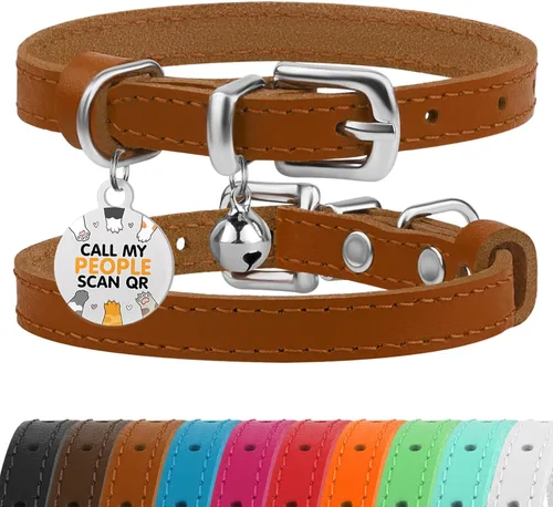 Miniatura 18 de BRONZEDOG Collar de cuero para gato con campanas extraíbles sin liberación rápida, etiqueta QR para gatito para niña y niño