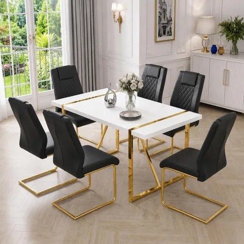 Miniatura 13 de Juego de mesa de comedor moderna de 55 pulgadas para 4, mesa de comedor negra y marco de metal dorado, mesa de comedor rectangular con 4 sillas