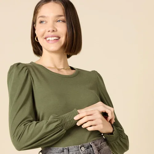 Miniatura 4 de Tienda Essentials - Camiseta de manga larga con cuello redondo y puños fruncidos para mujer