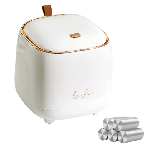 Miniatura 8 de Mini bote de basura para encimera con 5 rollos de bolsas de basura, bote de basura con tapa tipo prensa, dispensador de basura de 0.5 galones/1.5