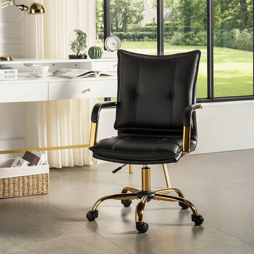 Miniatura 16 de HULALA HOME Silla de escritorio de piel sintética para oficina en casa, silla giratoria ajustable para computadora con patas y brazos dorados, Patas