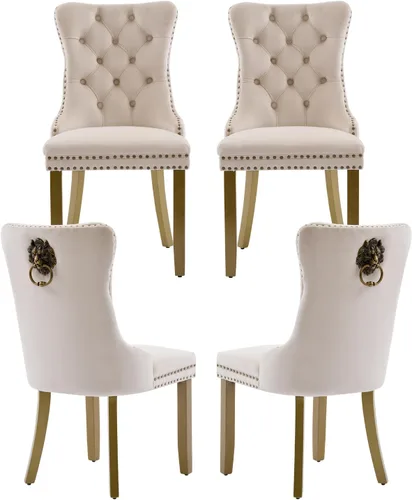 Miniatura 99 de Juego de 2 sillas de comedor de terciopelo, silla de comedor tapizada de alta gama con tirador de anillo en la espalda, adorno de clavos y patas