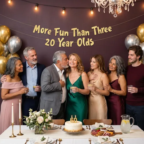 Miniatura 7 de Cartel dorado con purpurina preencordada con texto en inglés «More Fun Than Three 20 Years», decoraciones de 60 cumpleaños y aniversario