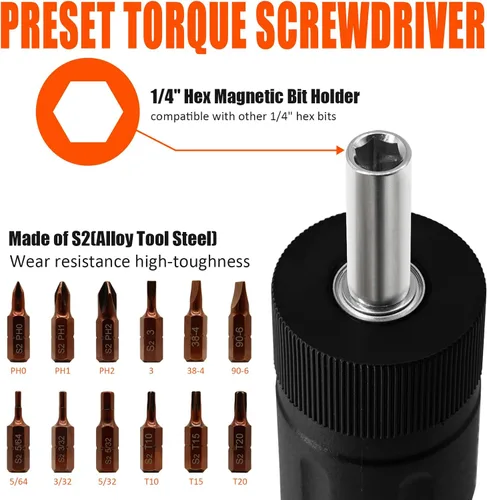 Miniatura 2 de coobeast 13 destornilladores de torque preestablecidos con puntas S2, juego de destornilladores de llave de torque de 1/4" para mantenimiento