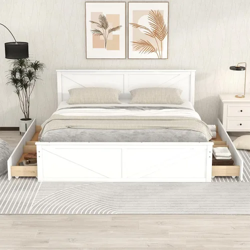Miniatura 11 de Anwick Cama de plataforma de madera con 4 cajones de almacenamiento, base de cama de plataforma de madera maciza con cabecera y patas de apoyo