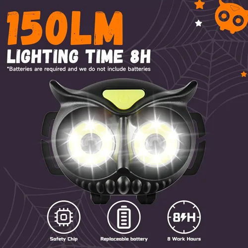 Miniatura 5 de Paquete de 2 Linternas Frontales LED, Linterna Frontal de Búho para Niños Liviana, Lámpara Frontal COB, 4 Modos de Linternas Frontales con Batería