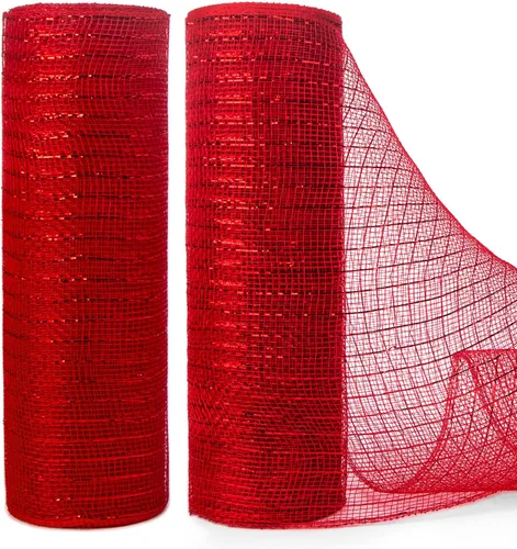 Miniatura 10 de Ribbli 2 rollos de cinta de malla roja, 10 pulgadas x 30 pies (10 yardas) cada rollo, rojo metálico con lámina ancha roja, uso para coronas