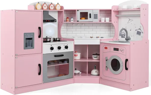 Miniatura 11 de Costzon Juego de cocina esquinera para niños, cocina de madera con sonidos y luces, lavadora, máquina de hielo, microondas, horno, fregadero