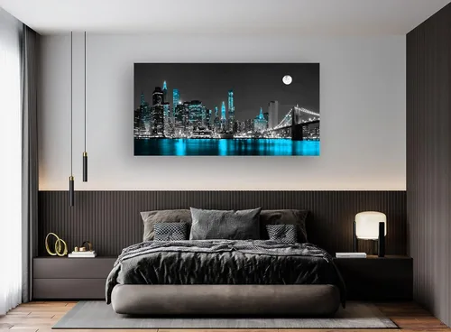 Miniatura 7 de Jiuqinghua Arte de Pared Decorativo Impresión en Lienzo Imagen 1 Panel Negro Blanco y Azul Nueva York Puente de Brooklyn Paisaje Urbano Nocturno