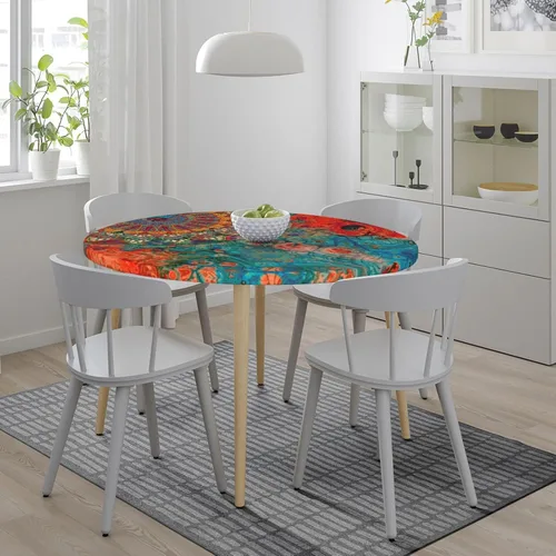 Miniatura 2 de Mantel elástico redondo con diseño de mandala azul y rojo con borde ajustable para mesa de 45 a 50 pulgadas de diámetro