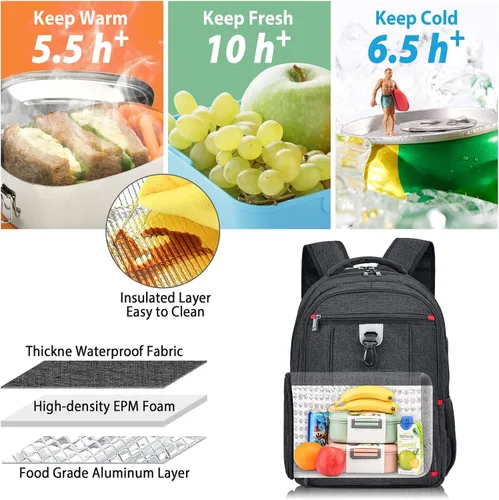 Miniatura 2 de Mochila de almuerzo, bolsa de almuerzo aislada, mochila grande de viaje de 17.3 pulgadas, mochila resistente para computadora, universidad, escuela