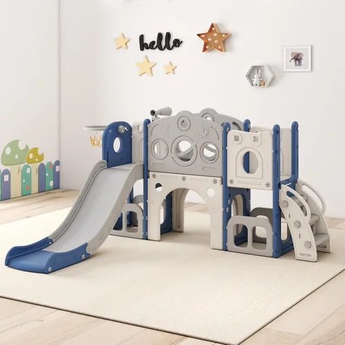 kinbor Juego de toboganes 8 en 1 para niños pequeños, tobogán para niños con aro de baloncesto, juego para niños con escaleras fáciles de subir y
