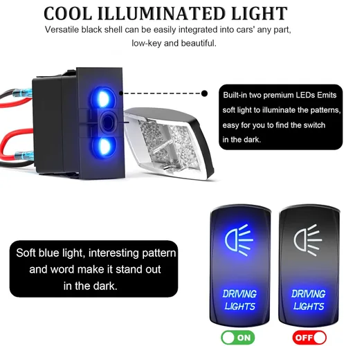 Miniatura 2 de Interruptor basculante de luces de conducción, SPST interruptor de palanca grabado con láser de 5 pines con LED azul y cables de puente, 12 V/24 V