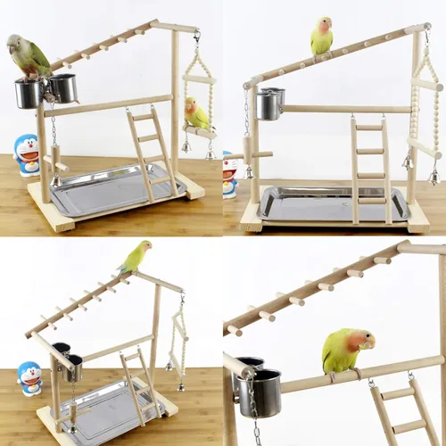 Miniatura 3 de Parrot Playstand Bird Playground Birdcage Soporte de madera Perca Escalera con comedero Tazas para Aves Juega Gimnasio Cockatiel Playground Incluye