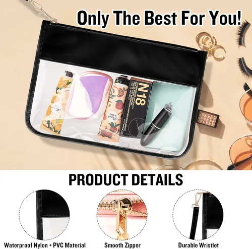 Miniatura 5 de Izuzta Bolsa plana de PVC transparente – Bolsa de maquillaje de viaje con pulsera, bolsa de letras de chenilla, bolsa de cosméticos portátil Negro