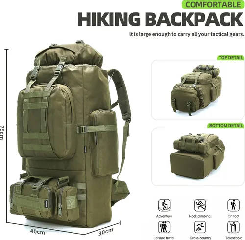 Miniatura 7 de Mochila de senderismo para acampar de 100L, mochila táctica militar Molle, mochila de senderismo ligera impermeable, Verde militar, Grande