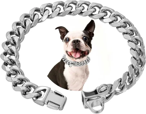 Collares para perros de acero inoxidable plateado y dorado con cierre de seguridad, collar de cadena tipo cubano de 18 quilates para entrenamiento,