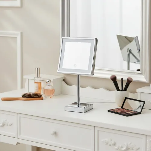 Miniatura 3 de JERDON Espejo de maquillaje de mesa iluminado con aumento 5X - Acabado cromado 8" bx 8" espejo de aumento enchufable con iluminación variable