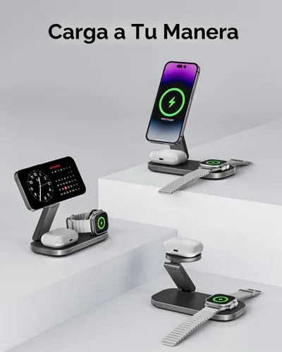 Miniatura 6 de Estación de carga inalámbrica 3 en 1 para dispositivos Apple, soporte de cargador rápido magnético plegable compatible con MagSafe para iPhone negro