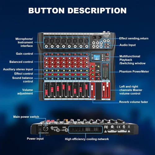 Miniatura 8 de Mezclador de audio de 8 canales, mesa mezcladora de música profesional, consola de mezcla de DJ con Bluetooth, reproductor USB/MP3, reverberación