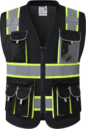 Miniatura 23 de JKSafety Chaleco de seguridad frontal con 10 bolsillos clase 2 de alta visibilidad con tiras reflectantes, cumple con los estándares ANSI/ISEA