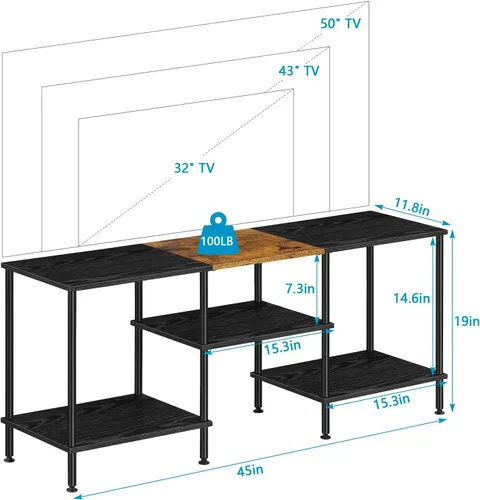 Miniatura 2 de BTY Soporte de TV de 50 pulgadas con centro de entretenimiento de 3 niveles y estantes de almacenamiento, consola de televisión pequeña y alta