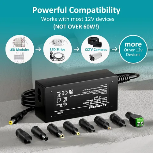 Miniatura 6 de Adaptador de fuente de alimentación de 12 V, 5 amperios, CA 100-240 V a CC 12 voltios 5A 3.5A 3.5A 2A 1A cable de alimentación transformador