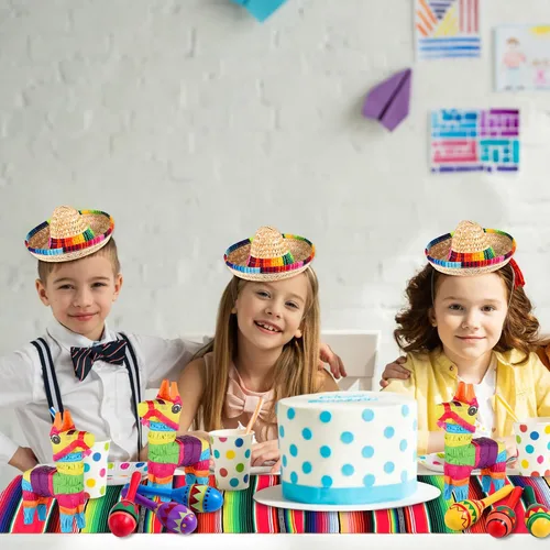 Miniatura 6 de Libima 26 decoraciones de fiesta mexicanas incluyen 6 burros, 12 maracas grandes para fiestas, 2 caminos de mesa de serape, 6 sombreros