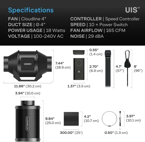 Miniatura 7 de AC Infinity CLOUDLINE LITE - Kit de filtración de aire de 4 pulgadas, ventilador en línea y filtro de carbono, sistema de refrigeración