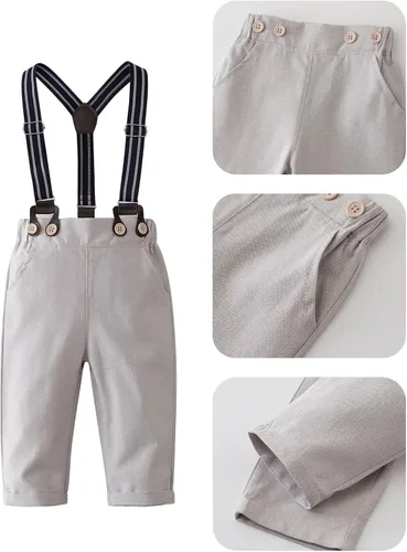 Miniatura 4 de SALNIER Conjunto de ropa de traje de bebé niño esmoquin trajes de caballero trajes de corbatín camisa tirantes pantalones boina sombrero 0-24M