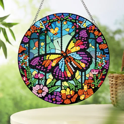 Tontut Decoraciones colgantes Kits de pintura de diamantes, colgante de ventana DIY mariposa flor pintura de diamante, forma especial diamantes arte